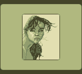 four color GameBoy pixel art portrait of a young woman, inside a 72 by 88 pixels frame floating in a 240 by 160 pixels screen