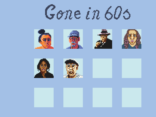 256 by 192 pixel art with six of the twelve portraits done