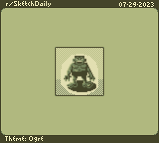 160 x 144 Game Boy pixel art, art challenge for r/SketchDaily on July 29, 2023, theme is Ogre, inside a light cone there is an ogre that is 32 by 32 pixels in size