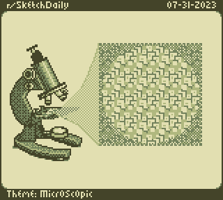 Game Boy pixel art, 160 by 144 pixels, 4 colors, for r/SketchDaily, with a microscope and what can be seen magnified on the slide