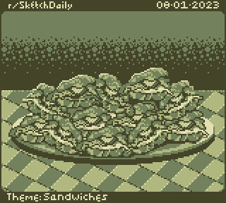 Game Boy 160 by 144 pixel art, 4 colors. Shown is a plate of sandwiches on a set table.