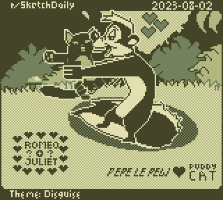 Cartoon pixel art in Game Boy format (160 by 144 pixels, 4 colors) with Pepe Le Pew and some unknown pussycat in an unlikely romantic relationship