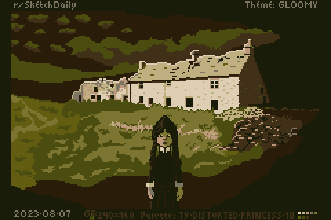 dark colored pixel art with a goth girl in front of a worn out cottage