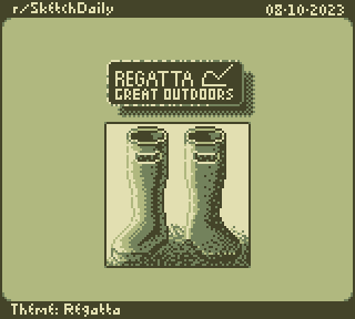 Game Boy pixel art with Regatta Great Outdoors logo and a pair of outdoors Wellington boots (Wellies)