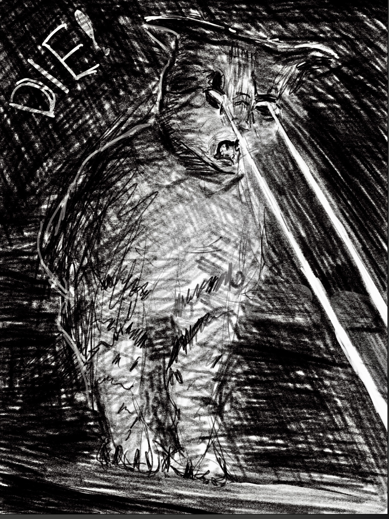 digital pencil sketch of an angry cat shooting lasers out of its eyes while sitting on a staircase.