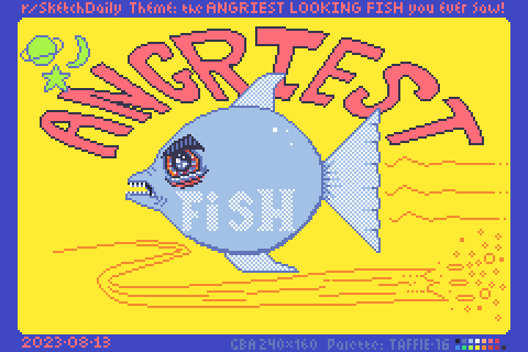 cartoony pixel art of an angry fish