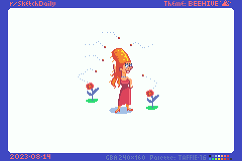 pixel art cartoon in Simpson art style with woman in red dress showing off her beehive hairdo, surrounded by flowers and bees