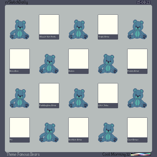 pixel art with several identical Teddy bears at regular distances, and empty pixel frames with names of famous bears.
