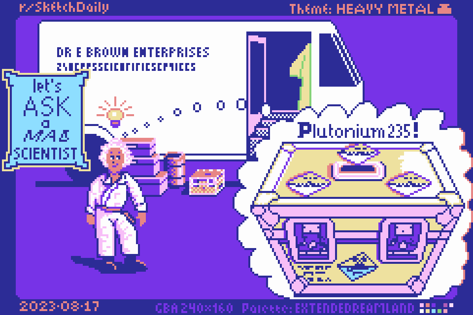 pixel art movie scene of Back to the Future, with Doc Brown thinking of the answer to What is the Heaviest Metal in Existence?