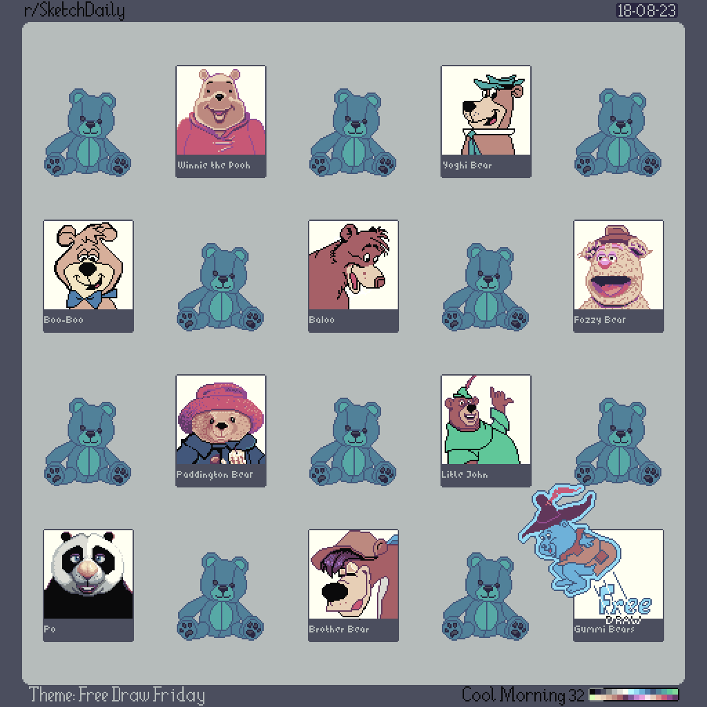 pixel art of nine portraits of famous bears, and one free drawn bear, based on the Gummi Bears.