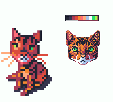 pixel art of my cat Aziz, both the original and his head 3 times enlarged, pixel-wise