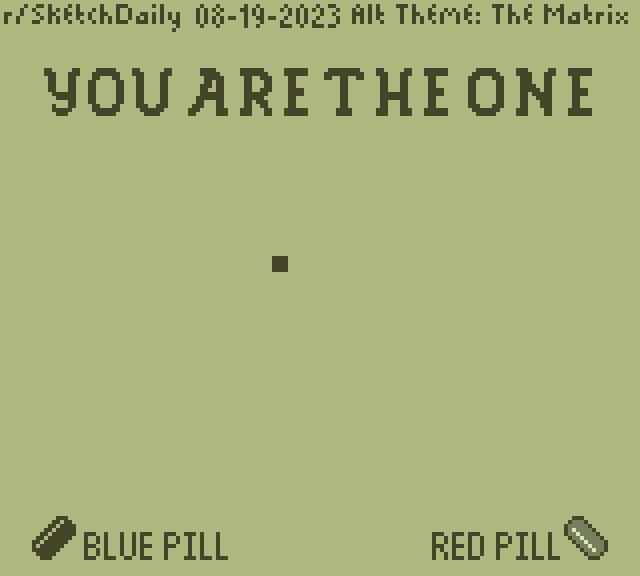 pixel art animation of an expanding square, a choice between a red and blue pill, and the cryptic text You Are the One.