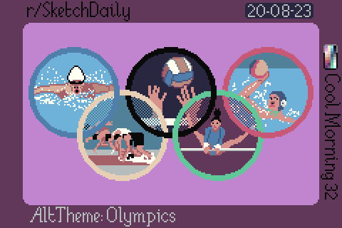 pixel art of olympic rings with 5 favorite sports in them, gymnastics, track and field, water polo, volleybal, and swimming