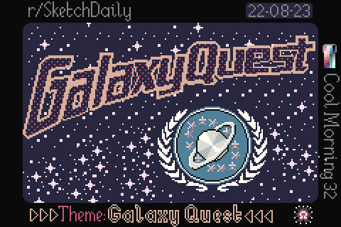 pixel art illustration of Galaxy Quest logo in Star Wars letter effect and with Star Trek laurels around the Galaxy Quest badge, with a star field chockablock with stars