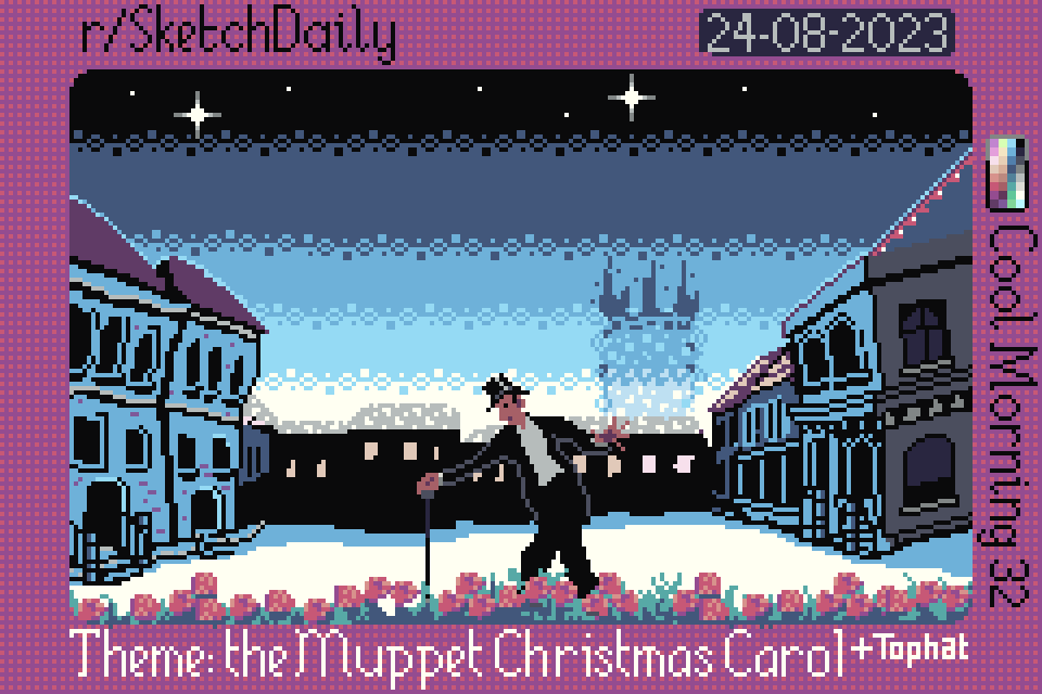 pixel art of the London square in the Muppet Christmas movie
