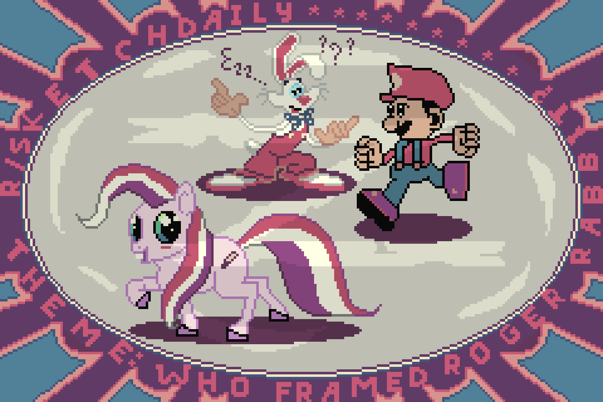 pixel art of a frame with Roger Rabbit, somepony, and Mario in it