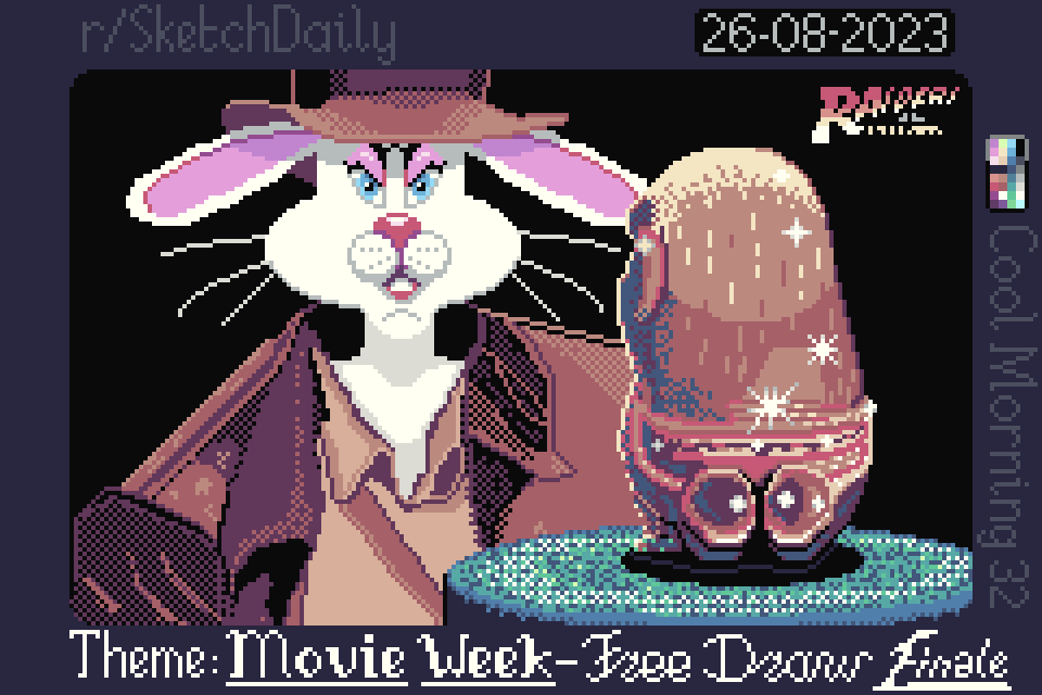 pixel art with movie scene of Raiders of the Lost Ark, where Indiana Jones is replaced by a cartoon rabbit