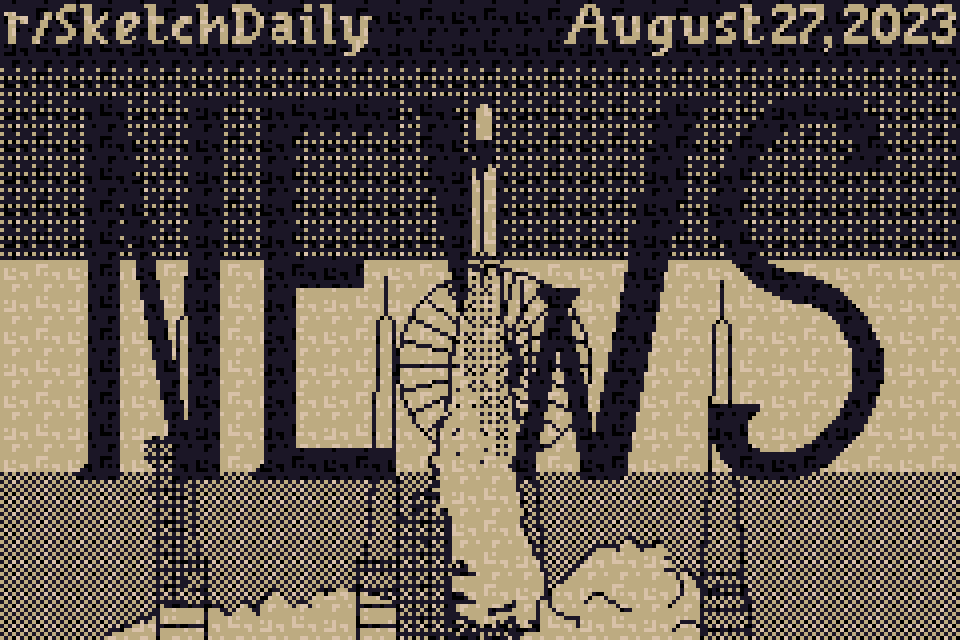 pixel art for Game Boy Advance (240 by 160 pixels, 4 colors, drawn in 2u52m), illustrating a news headline, a successful rocket launch over the India national flag