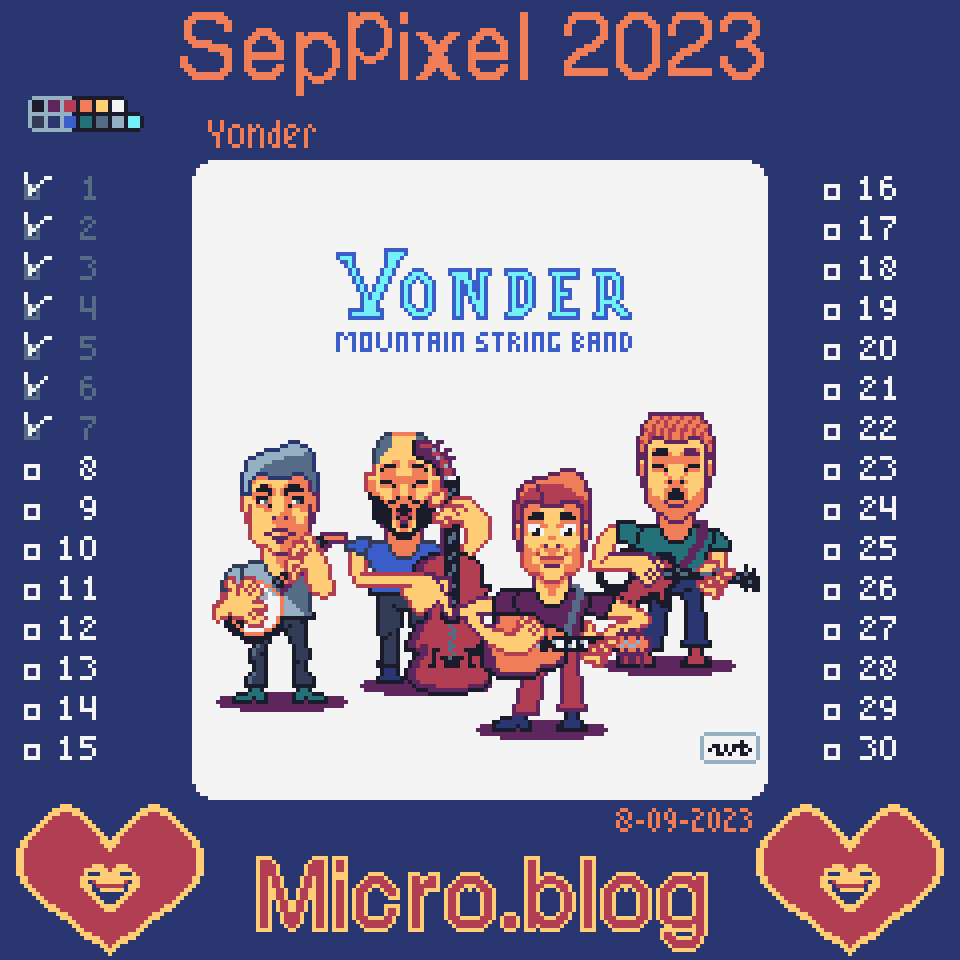 pixel art of the Yonder Mountain String Band, 4 musician playing blue grass and prog rock