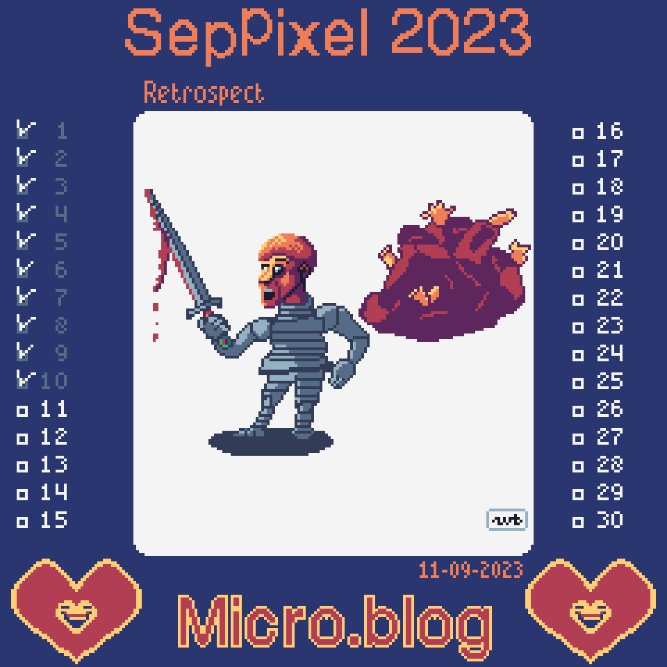 pixel art depicting a knight realizing what he has done, with a pile of bodies behind him