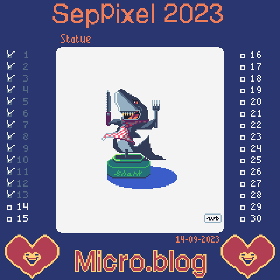 pixel art of stylized shark with knife, fork and napkin around neck, placed on a pedestal, titled SHARK