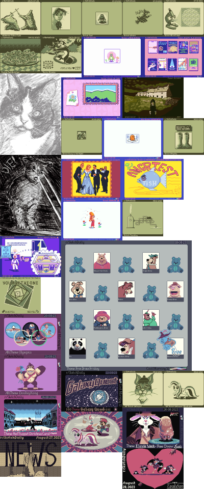 collage of drawings and pixel art for the SketchDaily subreddit