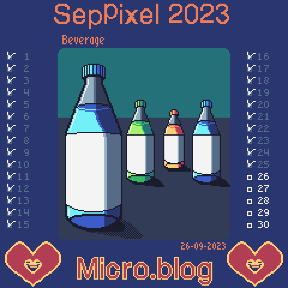 pixel art of several bottles filled with colored liquid