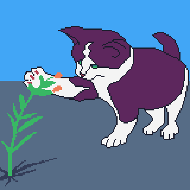 pixel art of kitten reaching for a flower