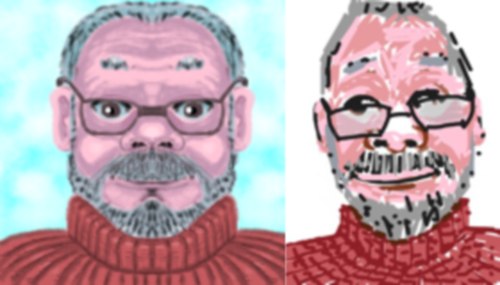 two versions of a drawing of a bearded man side by side