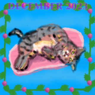 drawing of lying cat surrounded by Christmassy garland