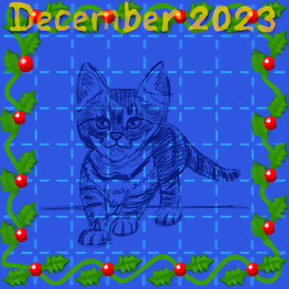 sketch of kitten on Christmassy card in blueprint