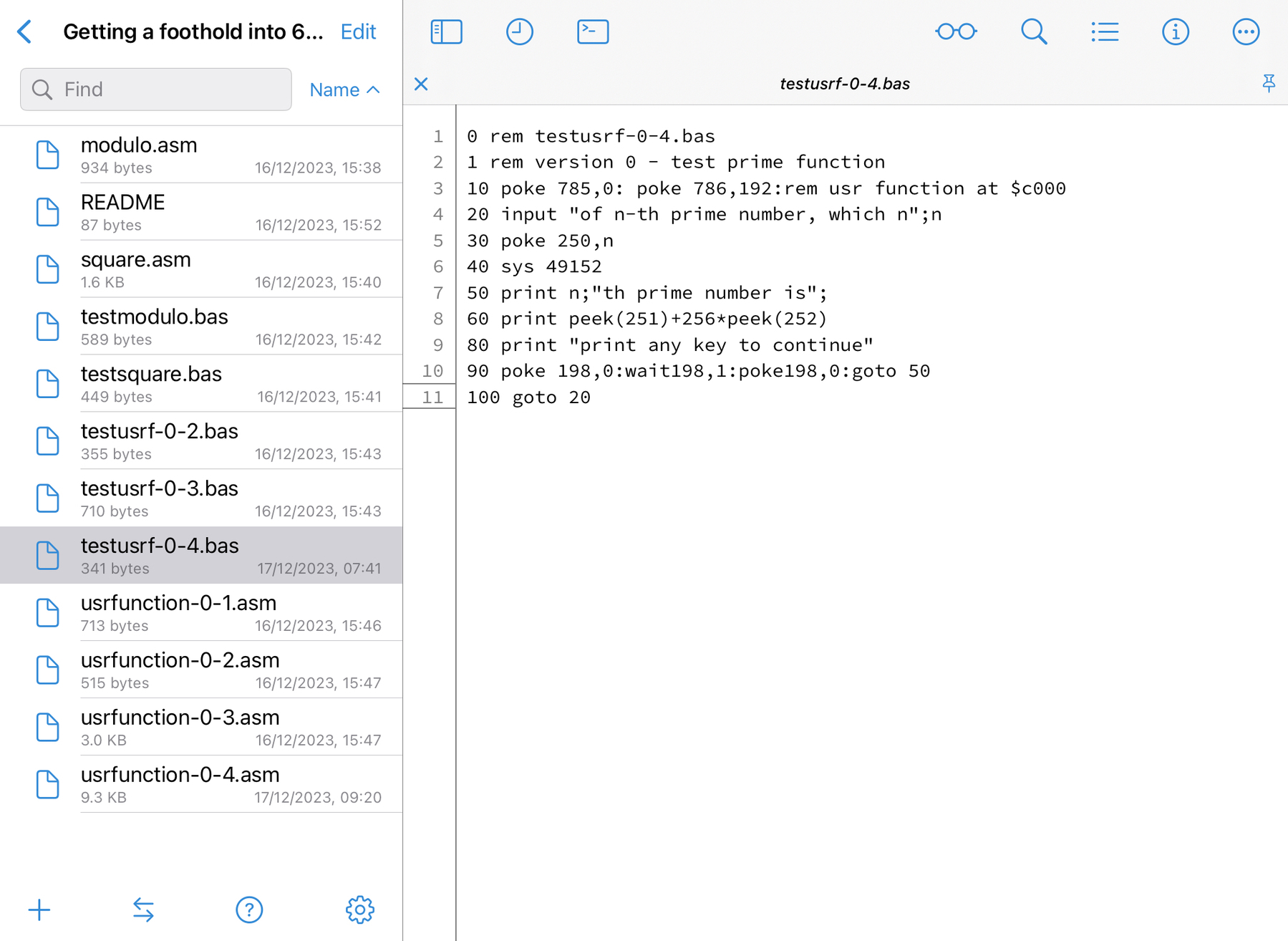 screenshot of iPad, showing the text of a C64 Basic program