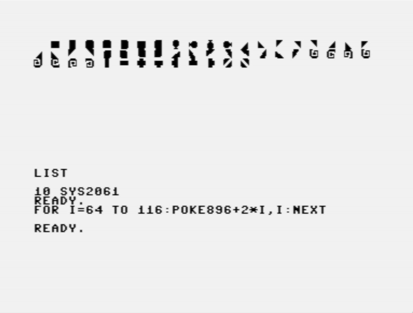 Screenshot of a Commodore 64 screen in VICE, showing new characters, a Basic listing, and a Basic instruction POKEing screen codes into screen memory