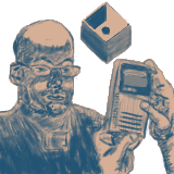 digital sketch of bearded man with glasses looking at a Sony Watchman