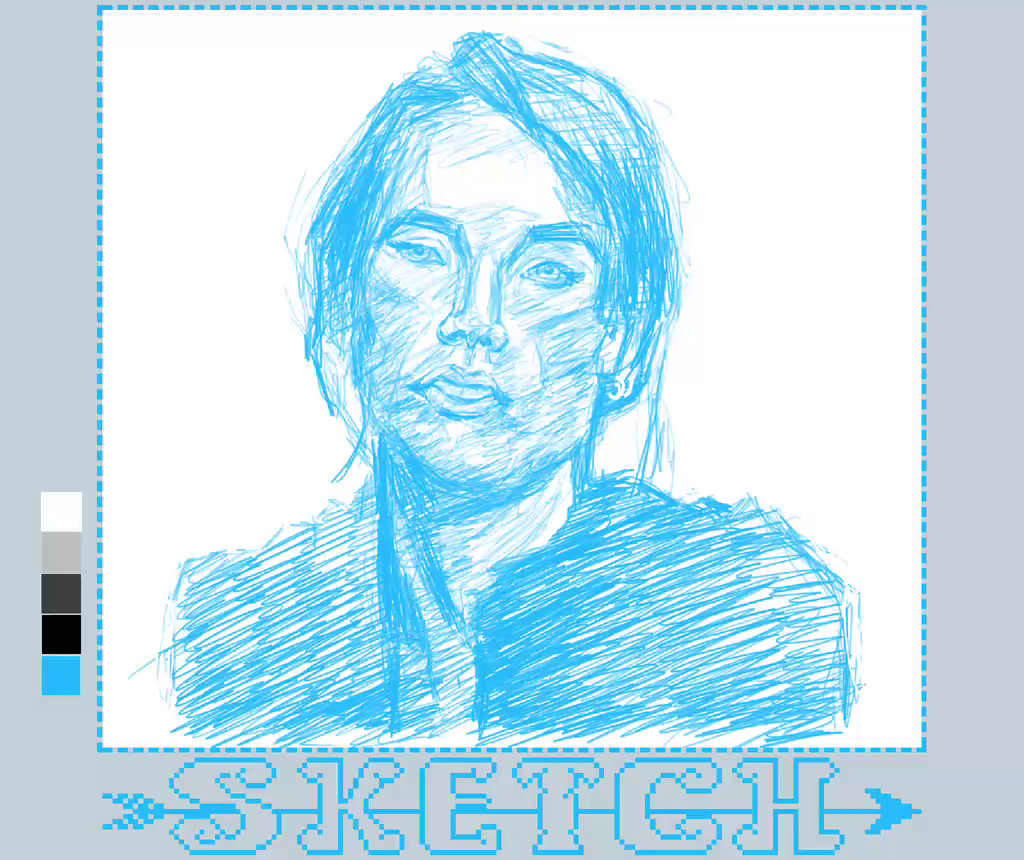 A blue sketch depicts a person's face, and the word SKETCH is written at the bottom.