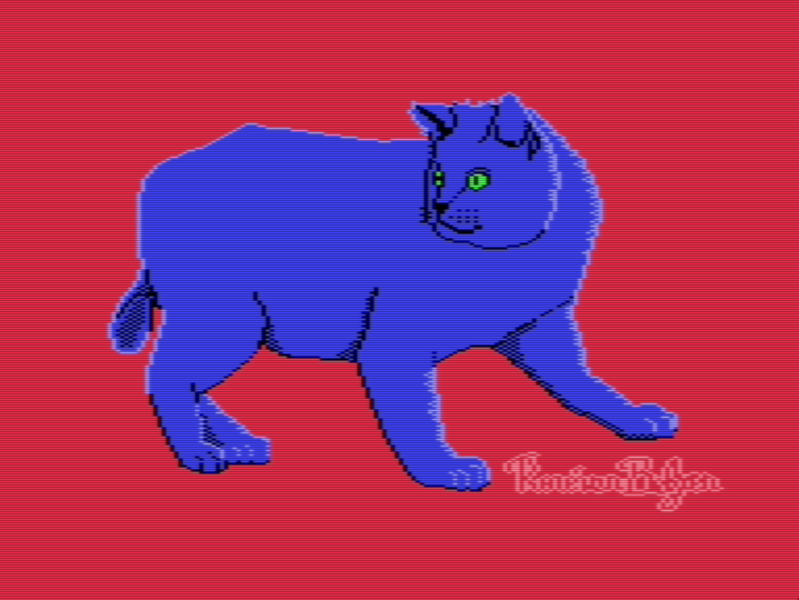 Commodore 64 multicolor drawing of a blue cat on a red background