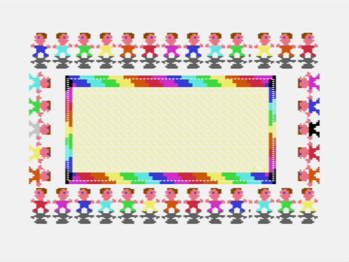 colorful Commodore 64 screen with little people holding hands