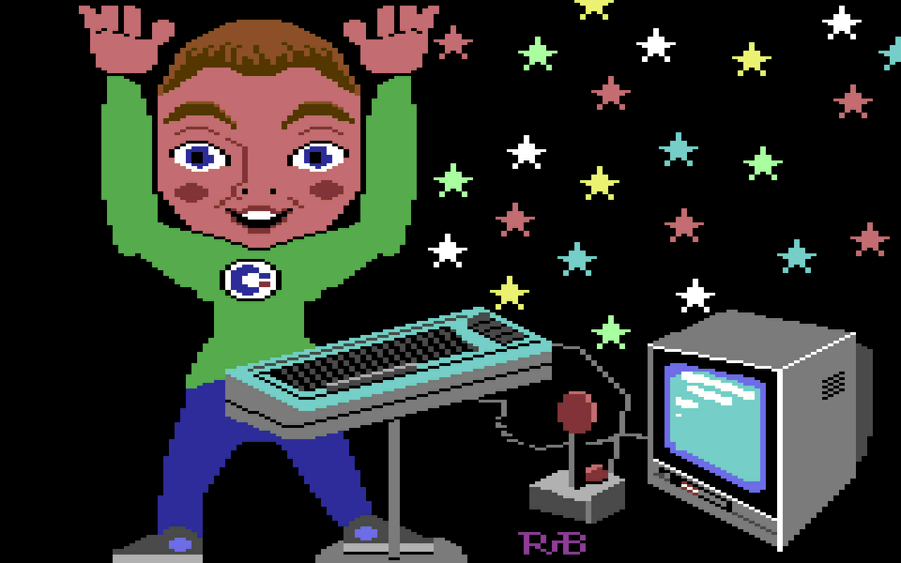 Boy in Commodore shirt gets a C64 computer, joystick and 1701 monitor as a surprise gift
