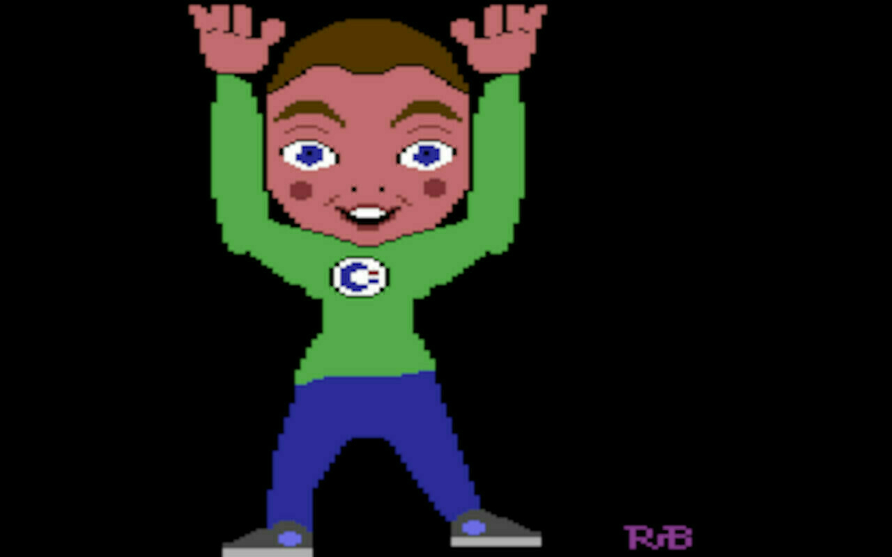 Commodore multi-color illustration showing a surprised boy with a Commodore logo on his shirt