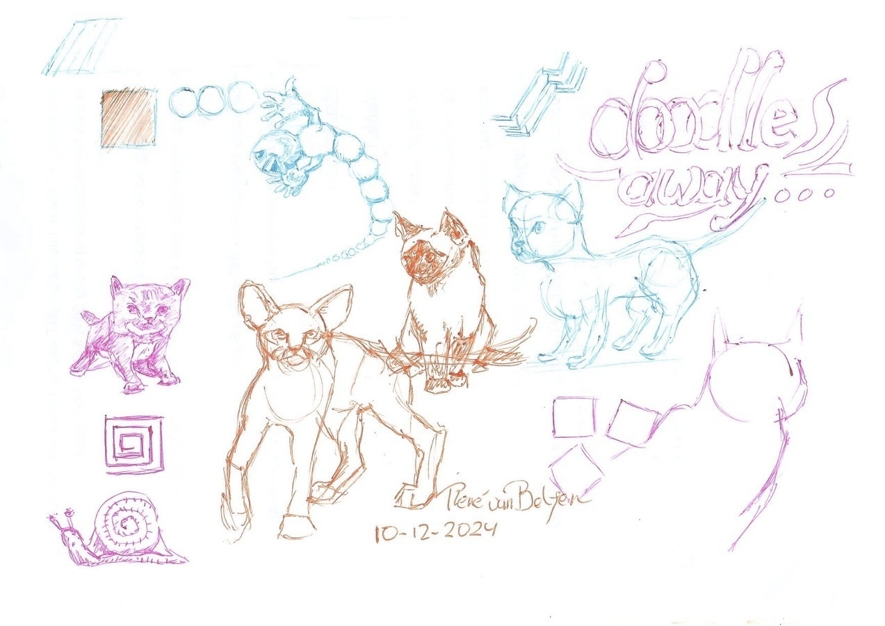 A collection of whimsical sketches featuring cats, geometric shapes, a dragon, a snail, and the phrase doodles away... with a signature and date.