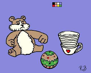 pixel art of a teddy bear, a cup and a ball