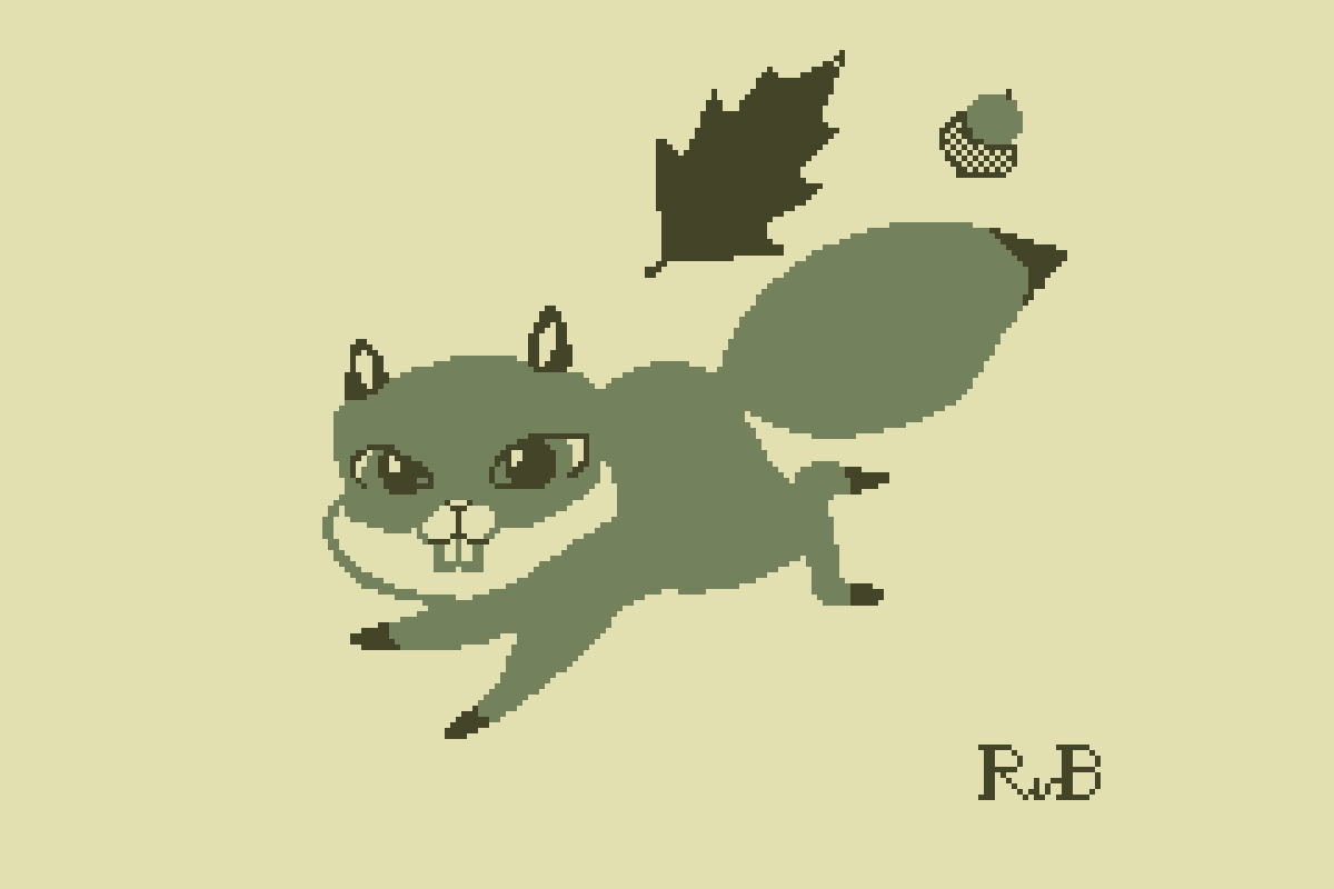 pixel art of a squirrel, a leave and an acorn