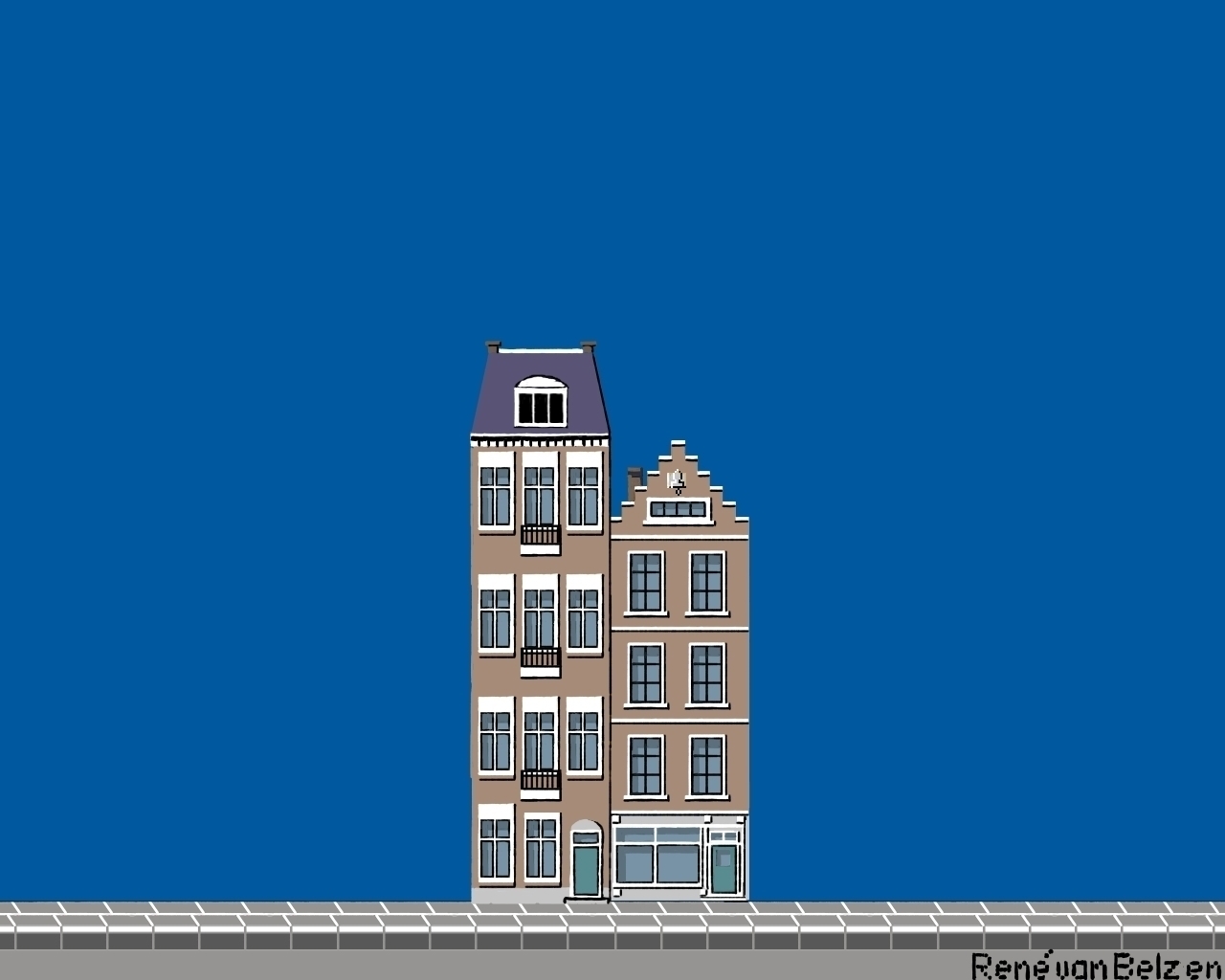 pixel art of two merchant townhouses on a blue background