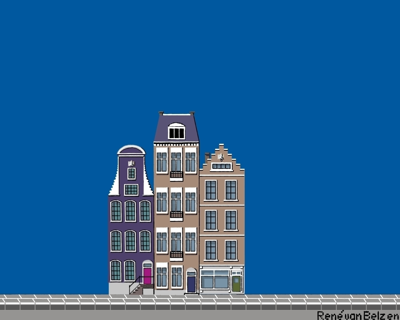 pixel art of three merchant townhouses against a blue background