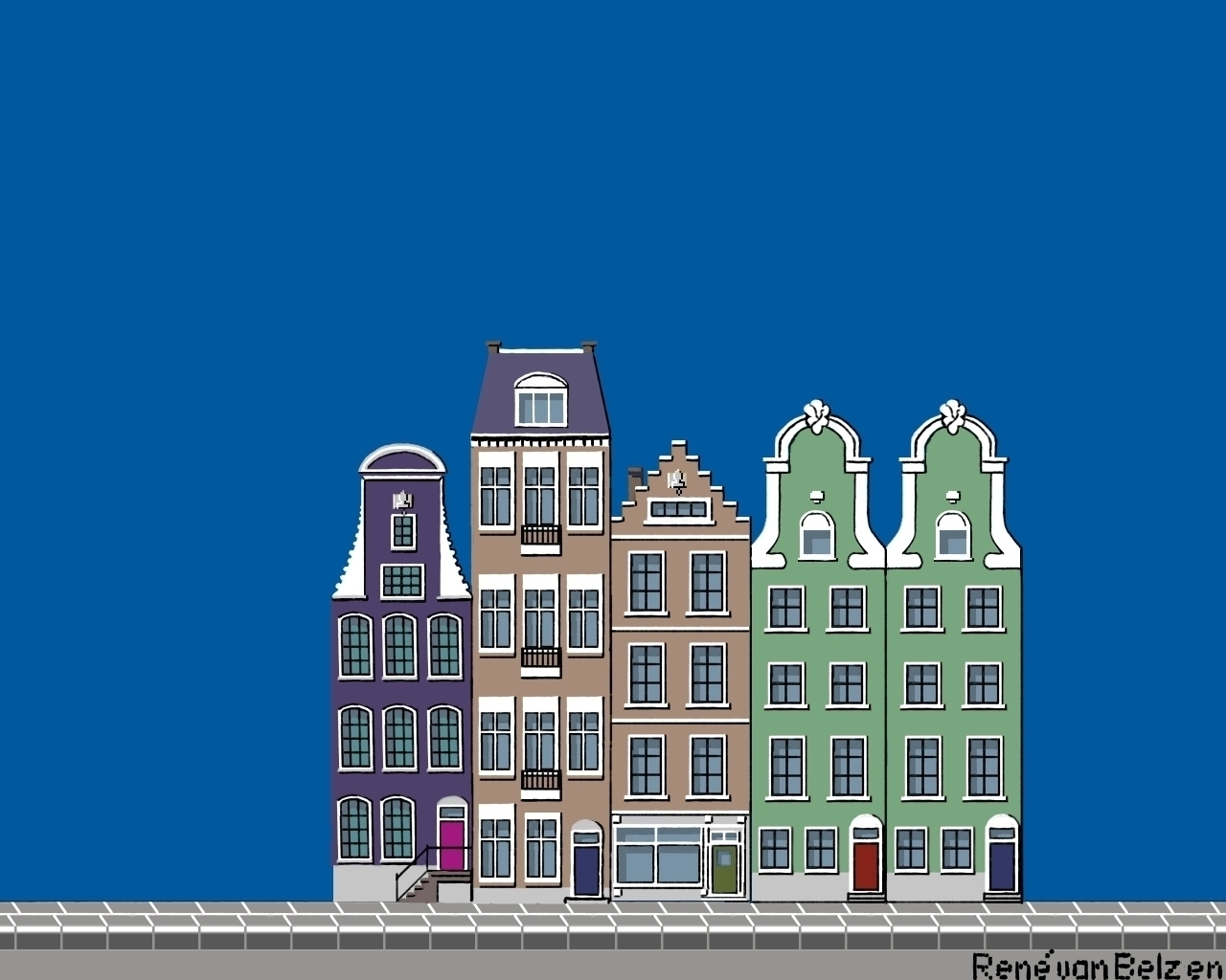pixel art with merchant townhouses on a blue background