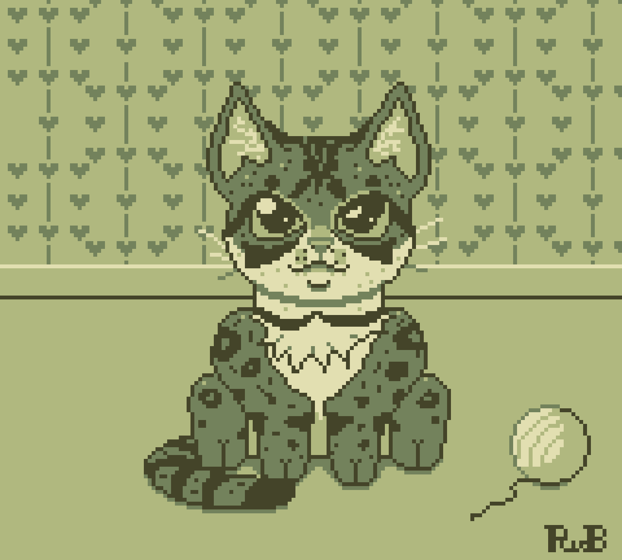 pixel art of a cat sitting besides a ball of whool