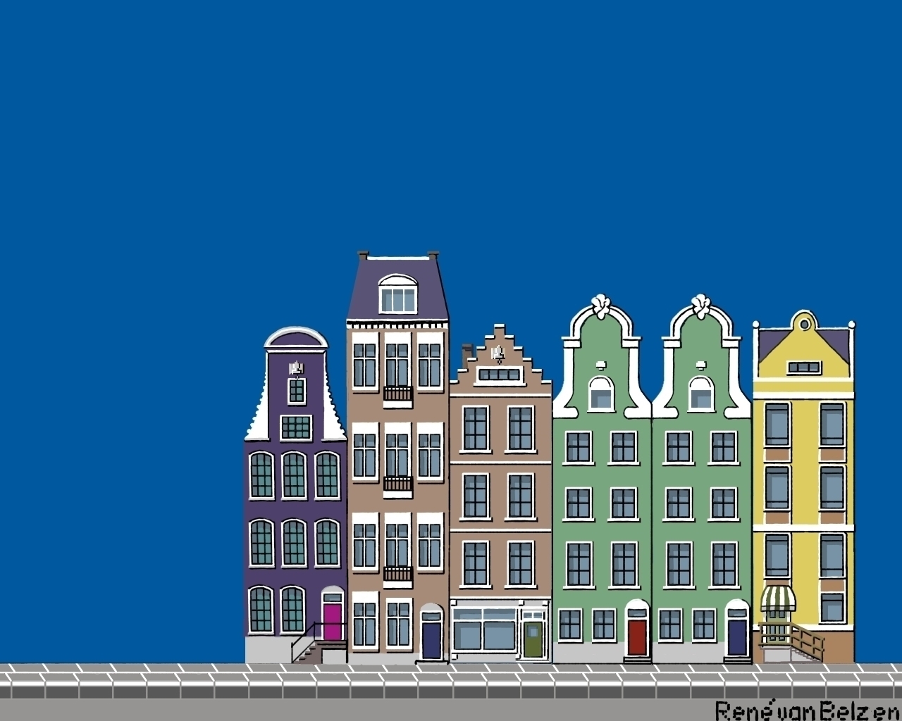 pixel art of merchant townhouses on a blue background