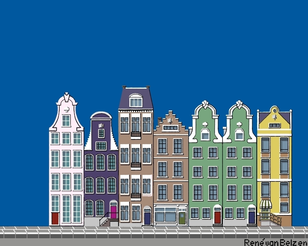 pixel art with merchant houses on a blue background