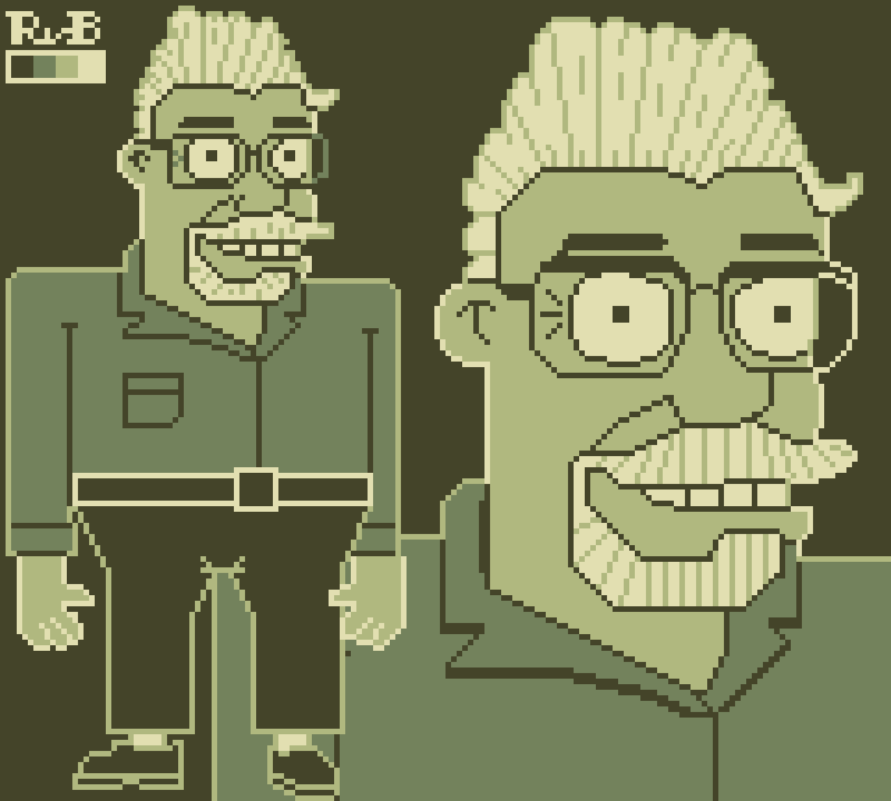 Game Boy pixel art, a bearded man in both full body and head shot