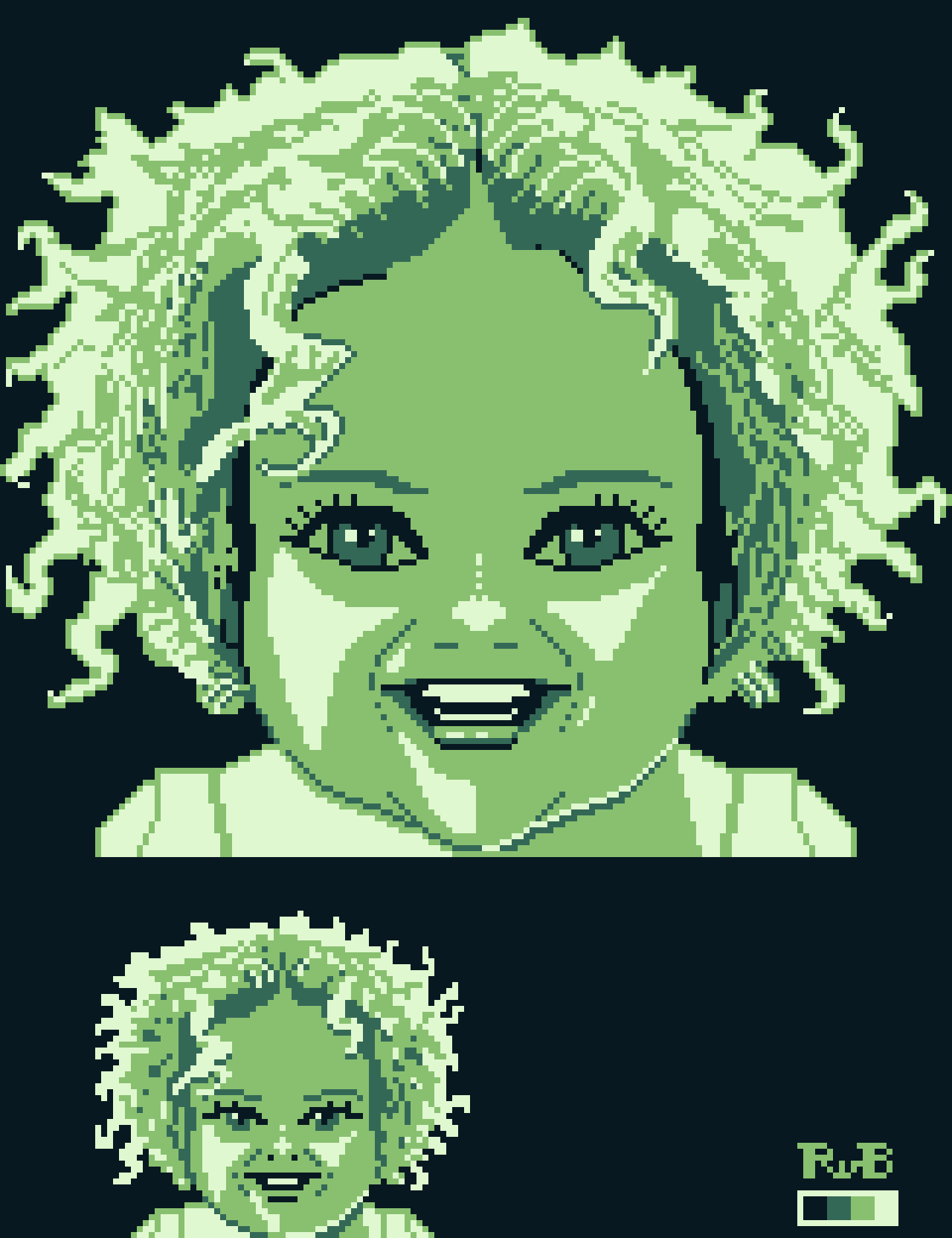 pixel art portrait of a laughing young girl, both large and small versions